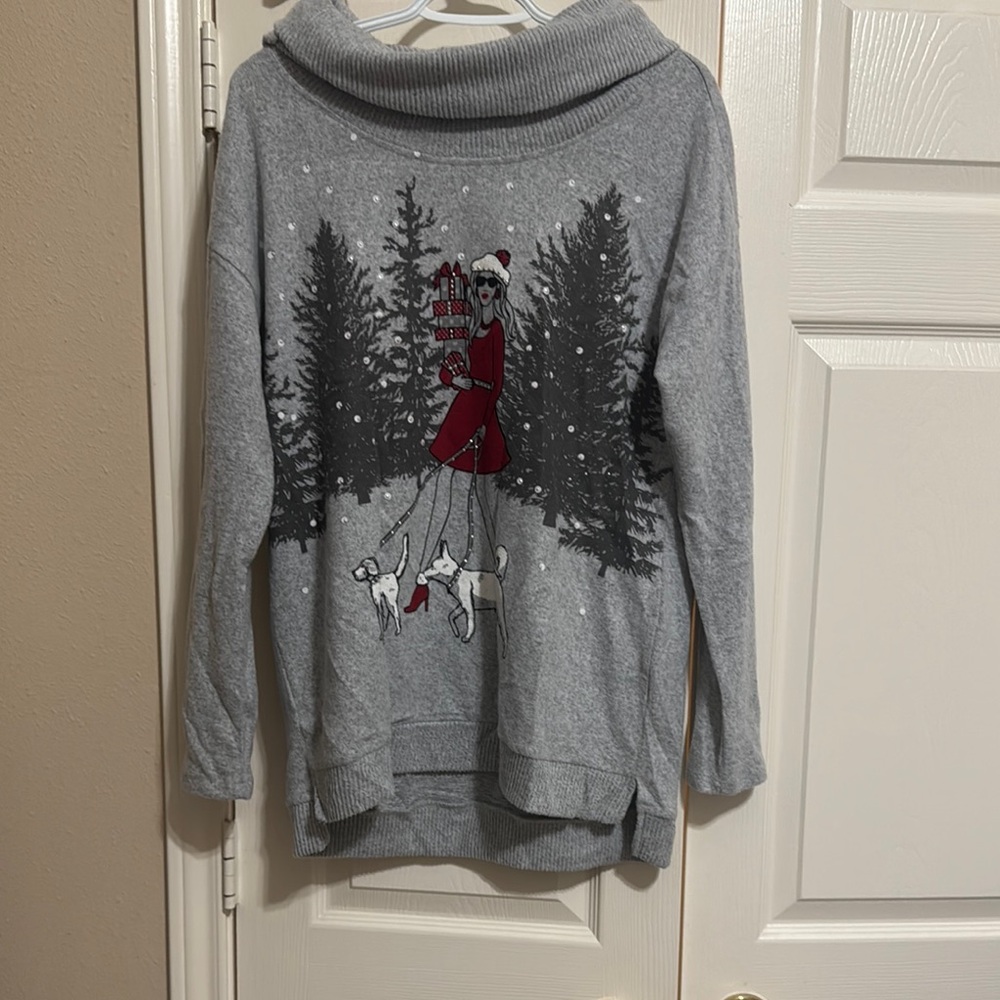 Elegant Gray Cowl Neck Sweater with Festive Design